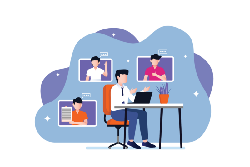 Illustration showing a few people remotely connecting over a video call